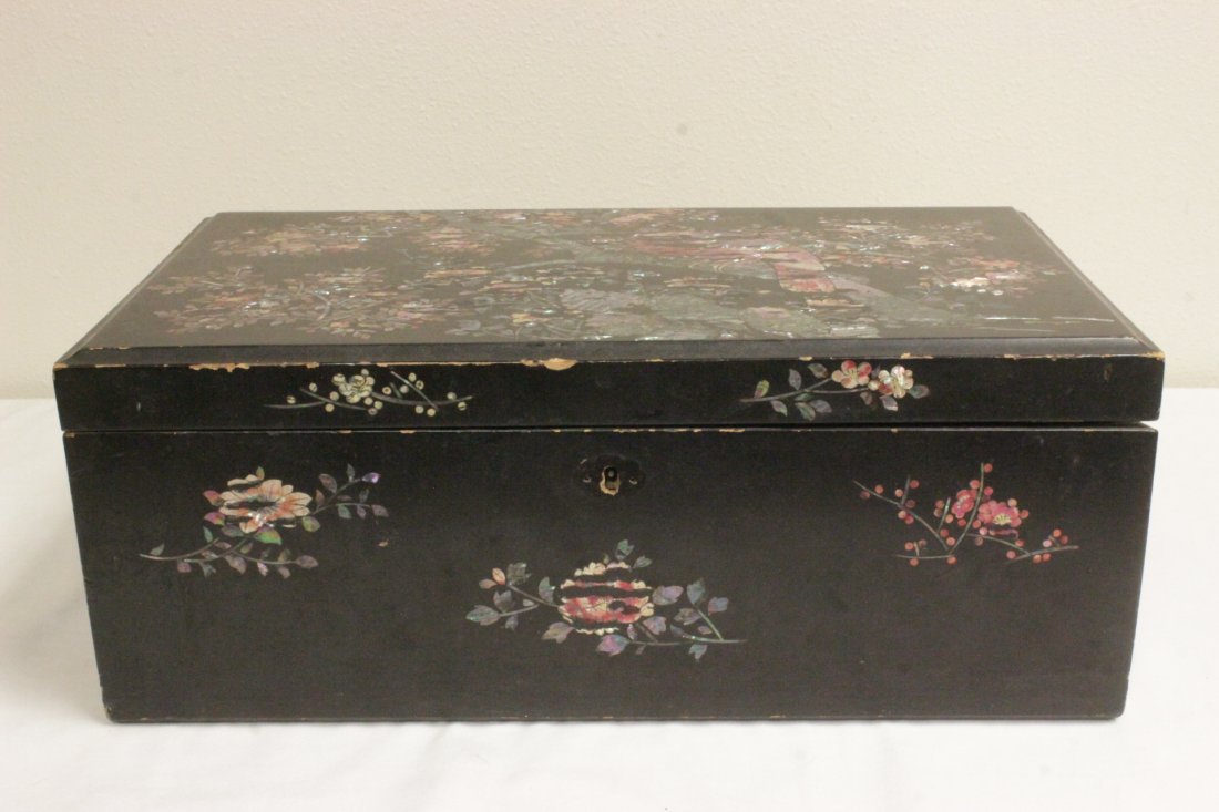 Chinese antique lacquer lapdesk w/ MOP inlaid: A beautiful Chinese antique lacquer traveling lap desk with mother of pearl inlaid depicting bird resting on plum tree, 7.2"Hx18.6"x10.5"