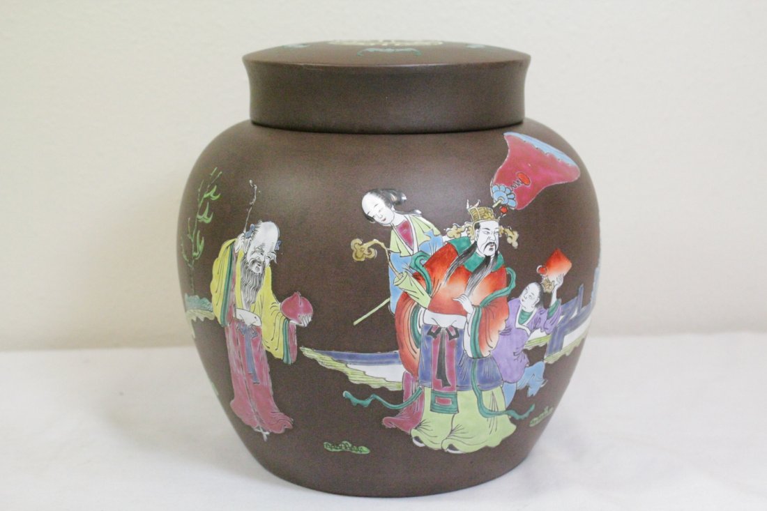 Chinese Yixing tea caddy with enamel painting: Chinese Yixing clay tea caddy with enamel painting to depict fairy tale scene, 8.1"Hx8.25"dia