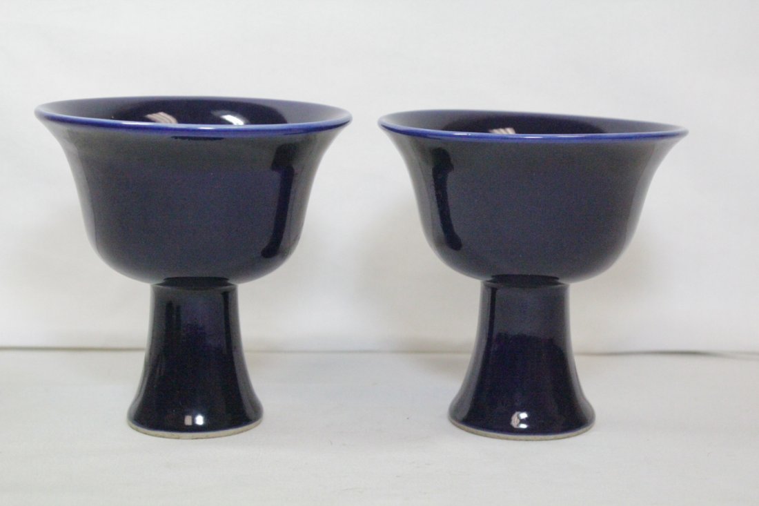 Pair blue glazed stem cups: Pair blue glazed stem cups, 5.1"Hx4.9"dia each