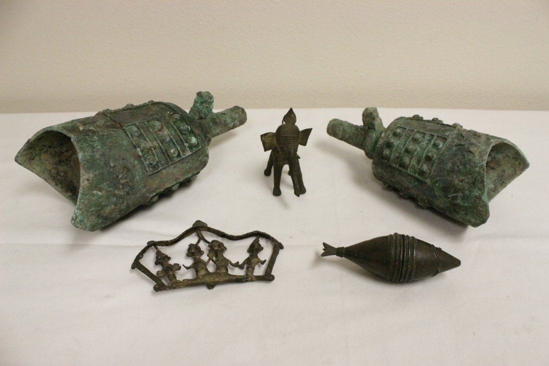 2 Chinese bronze bells & 3 brass/bronze ornaments (1 of 9)