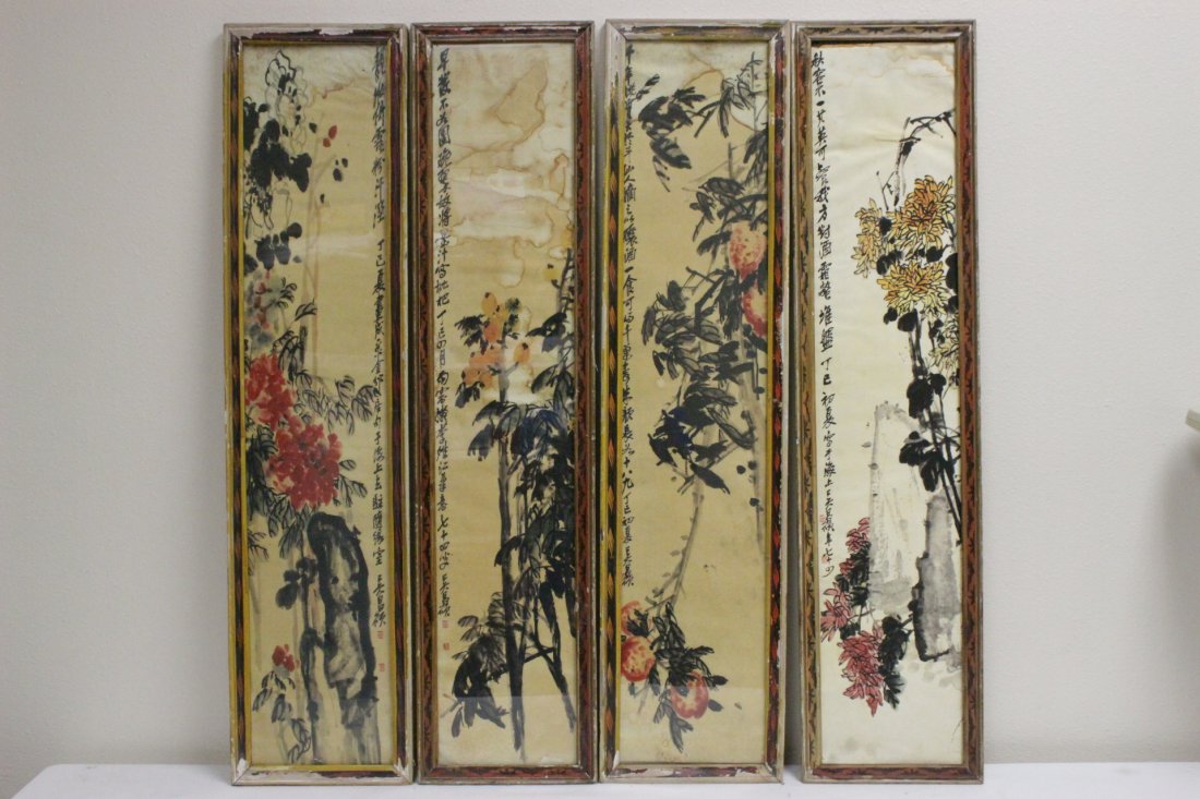 Set of 4 Chinese framed print depicting flowers (1 of 10)