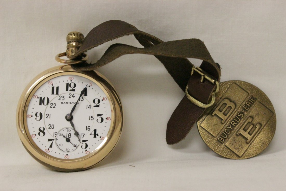 Hamilton 21-jewels pocket watch w/ fob: A large face Hamilton 21-jewels railroad grade pocket watch (not functioning, 2.1"dia), with watch fob