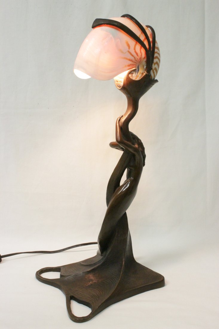 bronze and shell table lamp depicting nude girl: Beautiful art nouveau bronze and shell table lamp depicting nude girl, 18.5"Hx7.6"x7.65"