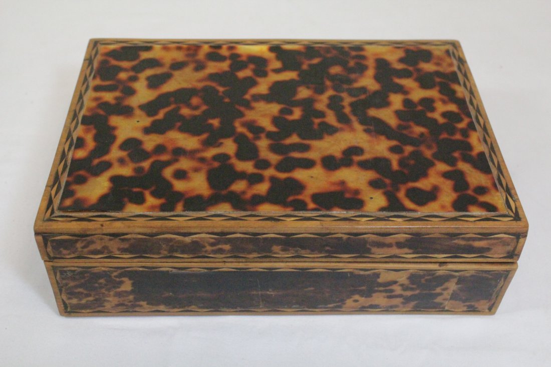 Antique wood sewing box with tortoise shell overlay (1 of 10)