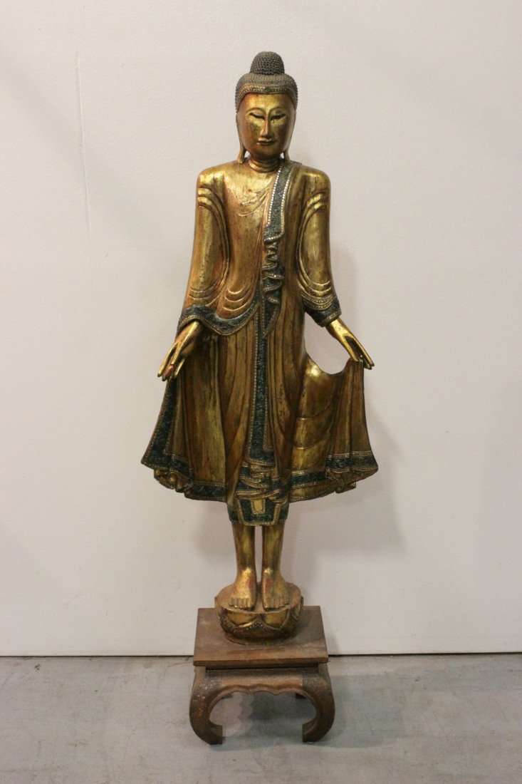 Antique Thai life size gilt wood carved Buddha: Antique Thai life size gilt wood carved Buddha, 71.5"H