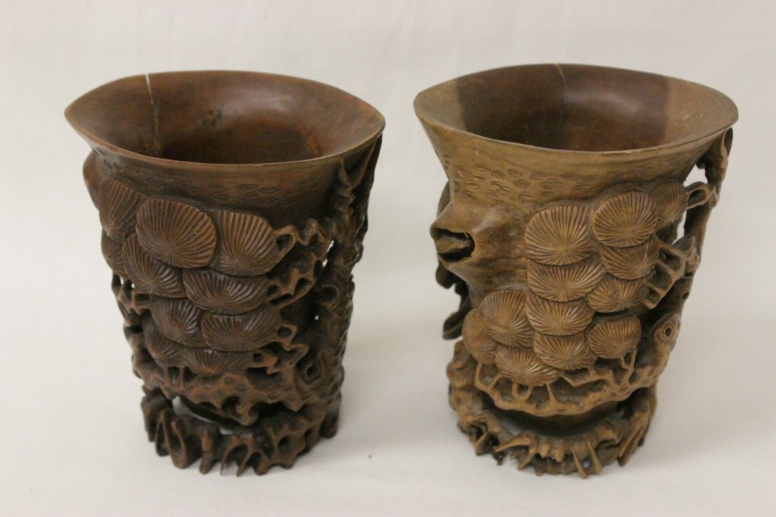 Pair carved Chinese antique bamboo cups (1 of 10)