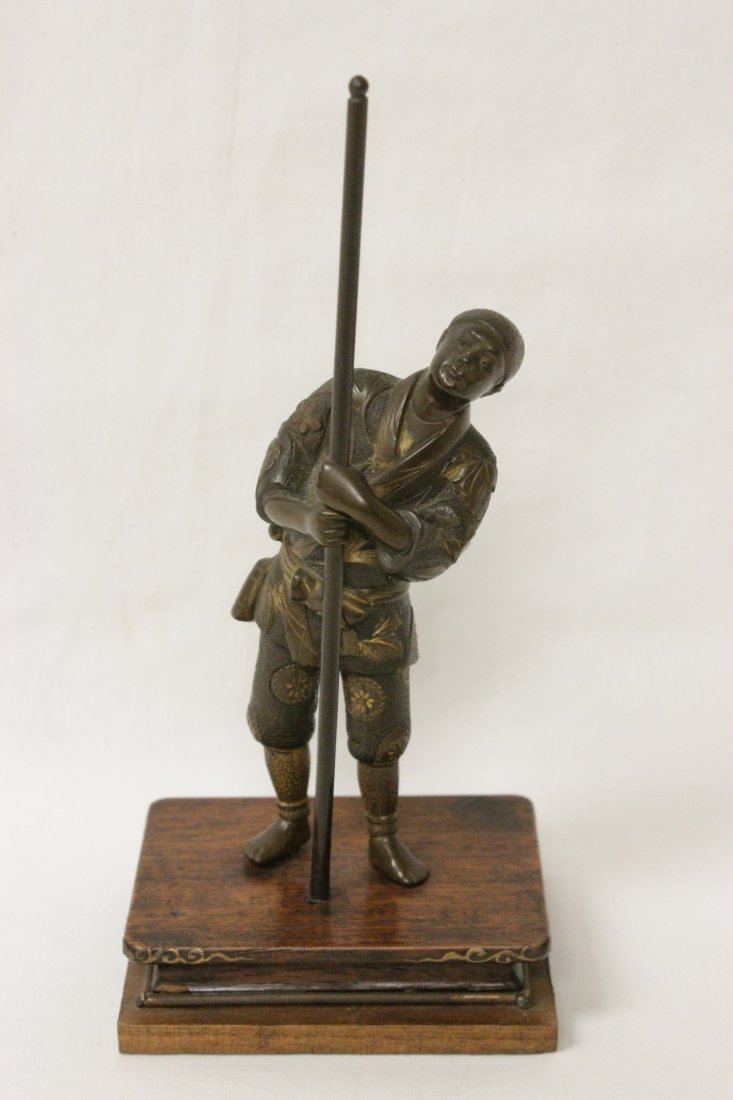 Japanese antique bronze sculpture, signed: A beautiful Japanese antique mixed metal bronze sculpture of samurai warrior, signed, 6.1"H
