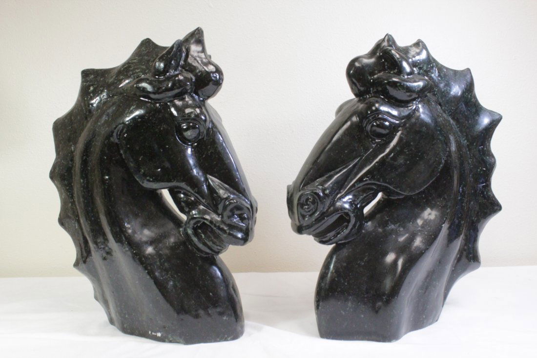 Pair large green jade like stone carved horse head (1 of 10)