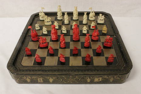 Chinese ivory Chess set: Chinese ivory chess set (1.2"H-2.5"H) with painted lacquer box (3.7"H X 14.9" X 7.3"), NO INTERNATIONAL SHIPPING OF IVORY