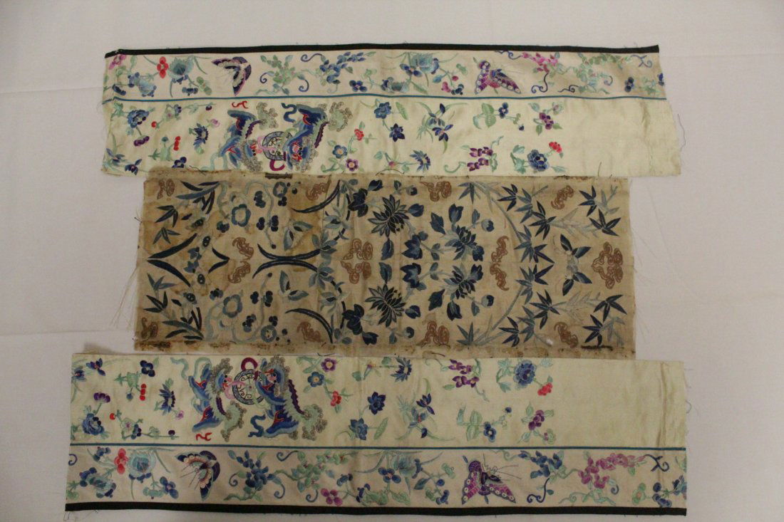3 Chinese antique embroidery pieces: 3 Chinese antique embroidery pieces, the small piece has stain, 23.5"x5.5"(2), 19.75"x7.5"