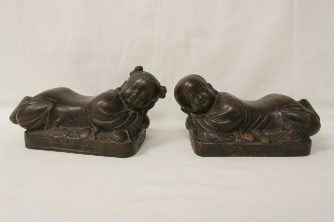 Pair Chinese Yixing clay sculpture of children: Pair Chinese Yixing clay sculpture of children, 3.5"Hx7.75"x4" each
