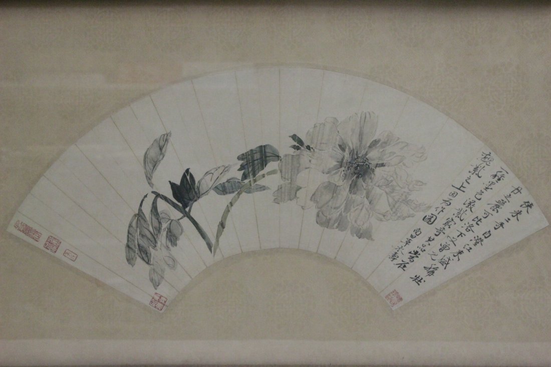Framed Chinese watercolor on rice paper fan face (1 of 10)