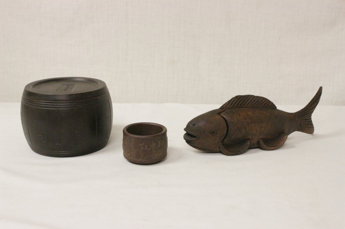Yixing tea caddy, Yixing teacup, & a wood carving (1 of 10)