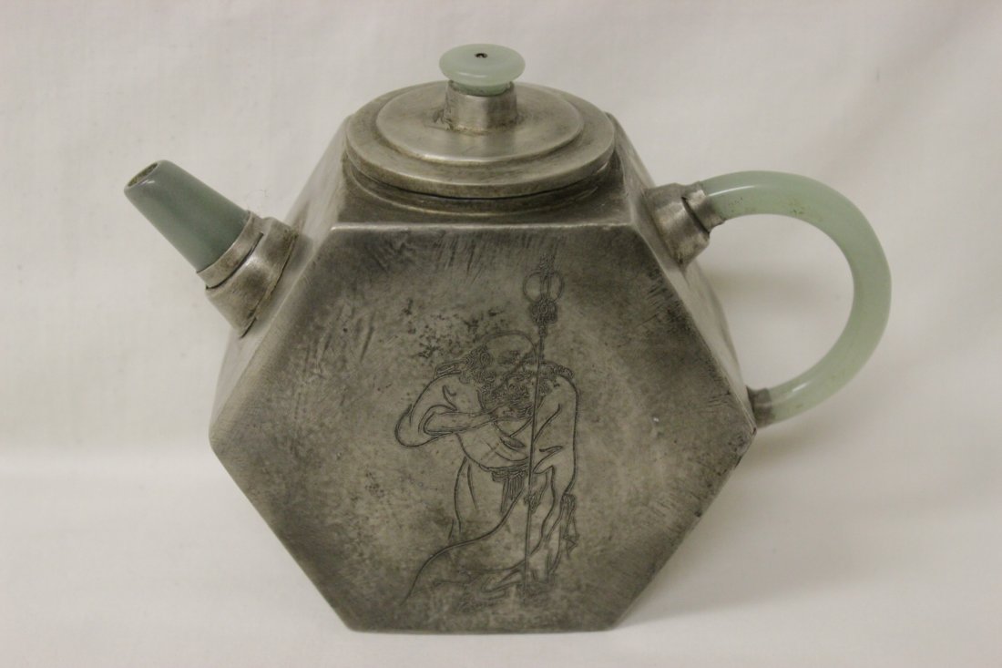 Chinese Yixing teapot with jade handle & sprout: Chinese Yixing clay teapot with jade handle and jade sprout, 4.75"Hx6.35"x2.5"