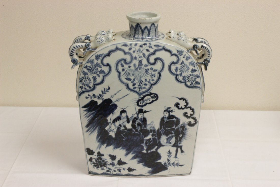Chinese blue and white porcelain flask: Chinese blue and white porcelain flask painted with fairy tale scene, 15.5"Hx12.8"x4.75"