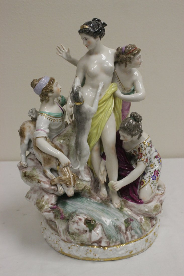 19th/20th c. Capodimonte porcelain figurine group: A beautiful 19th/20th century Capodimonte porcelain figurine group depicting nude with maid and hound (minor chip one dog tail), 15"H