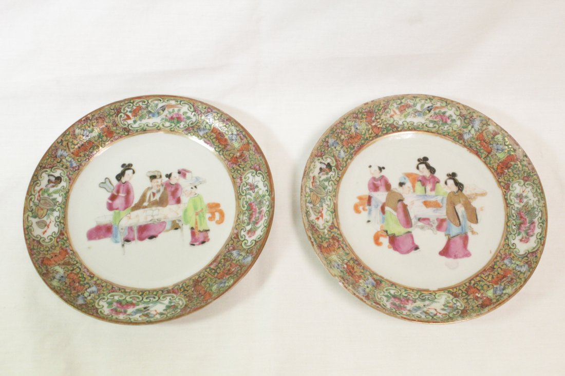 Pair Chinese antique famille rose plates: Pair Chinese antique famille rose porcelain plates painted with figures (one edge chip), 0.92"Hx6.4"dia each