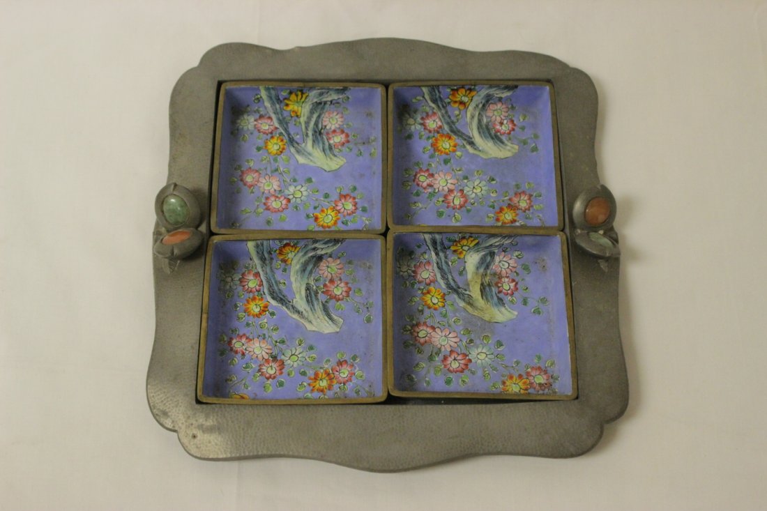 Chinese antique pewter dish set with jade & agate (1 of 10)