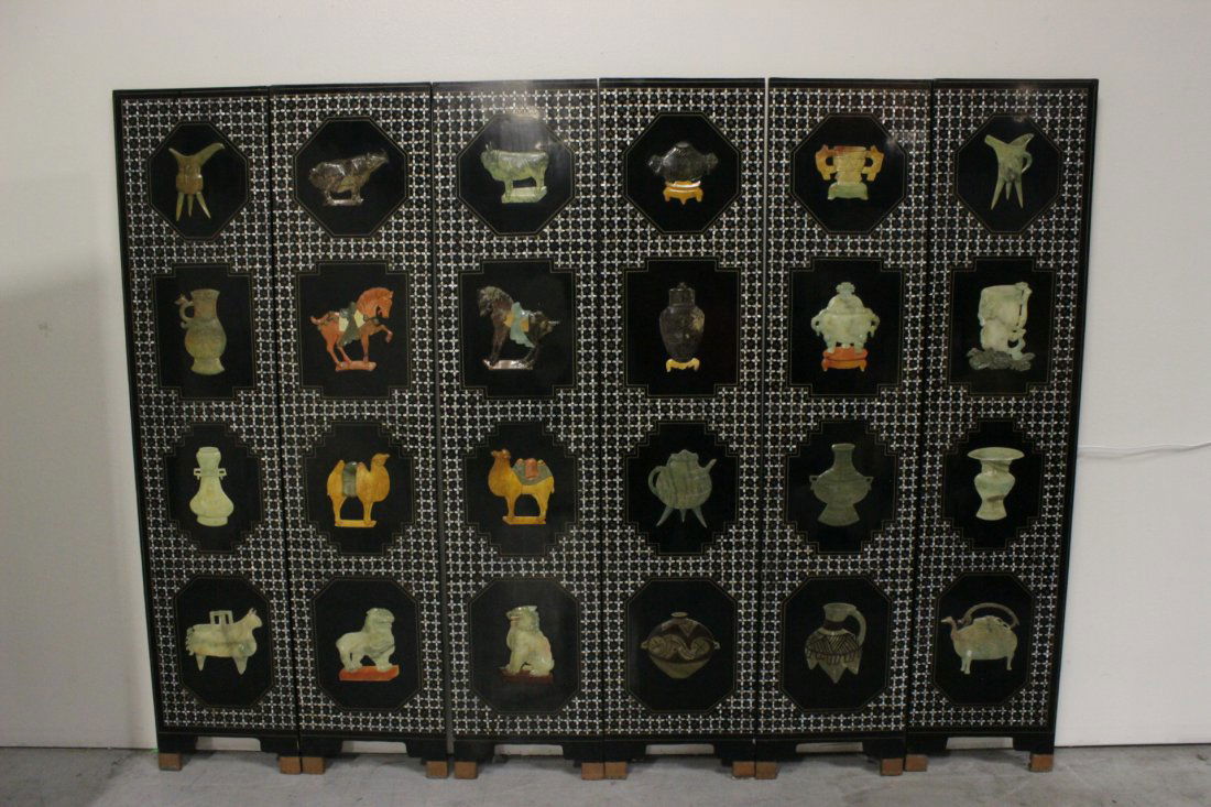 Chinese 6-panel lacquer room divider w/ MOP inlaid (1 of 10)