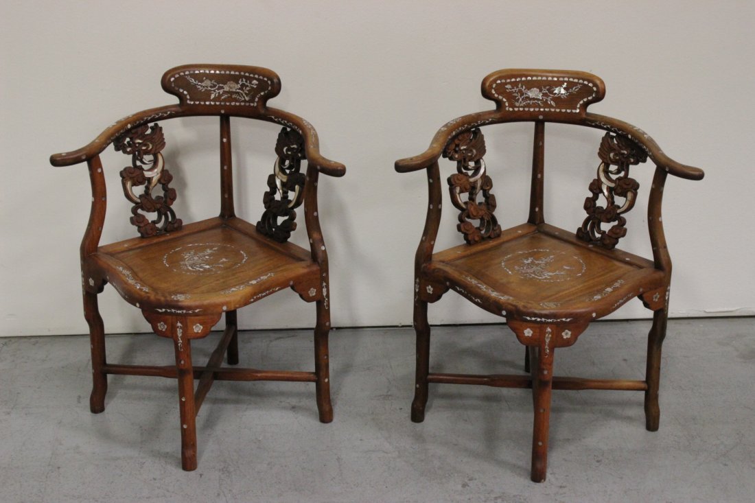 Pair rosewood corner chairs with MOP inlaid (1 of 10)