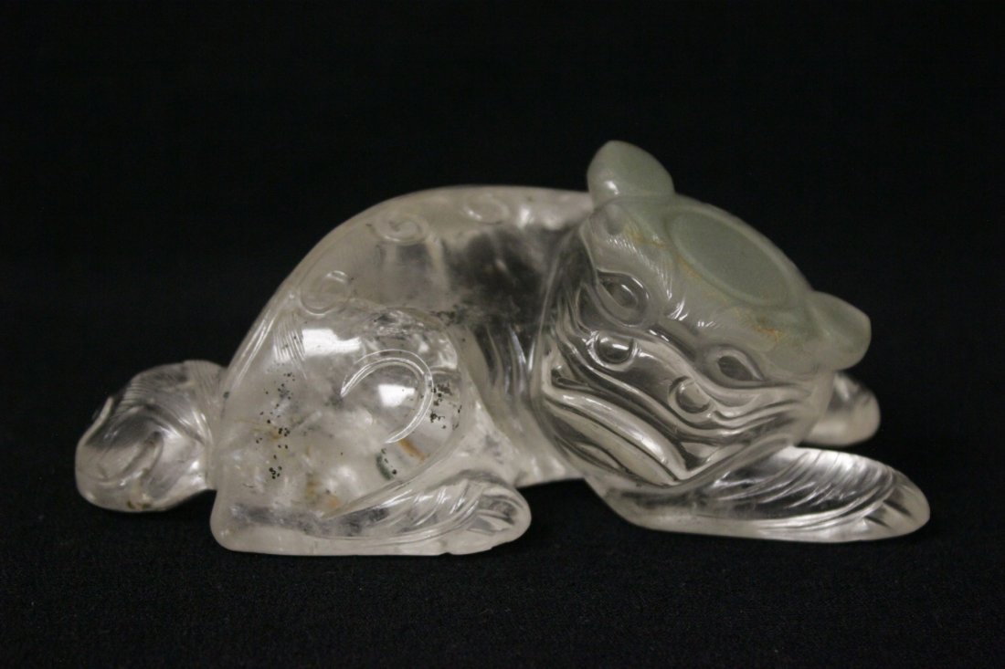 Chinese antique rock crystal sculpture: Chinese antique rock crystal sculpture of fulion, possible paper weight, 1.7"x4"x2"
