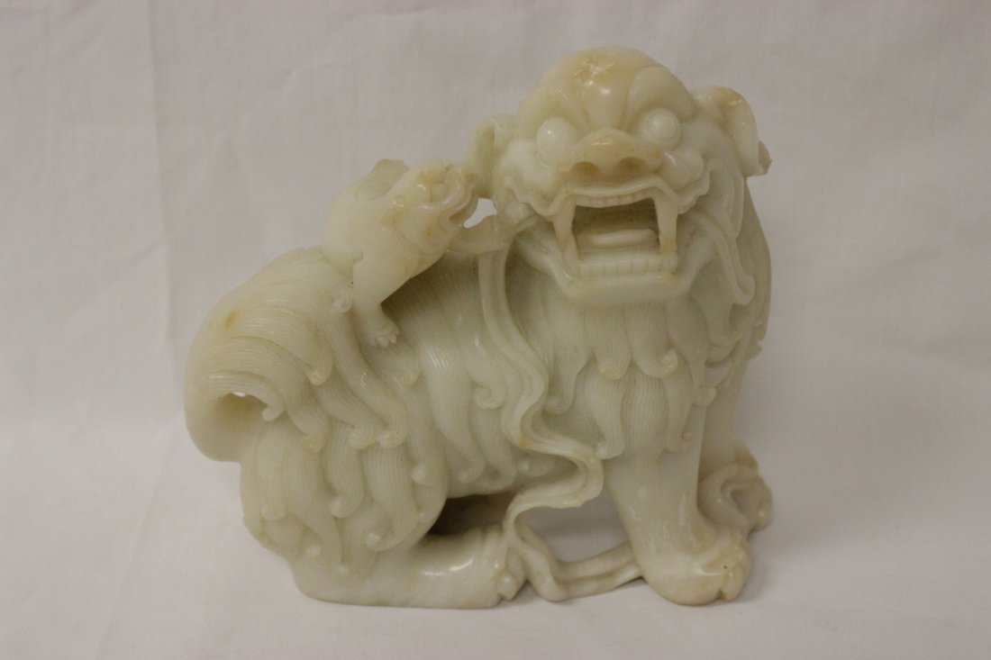 Chinese antique white shoushan stone fulion: Chinese antique white shoushan stone (白芙蓉) carved fulion, 6"Hx6.4"x2.3"
