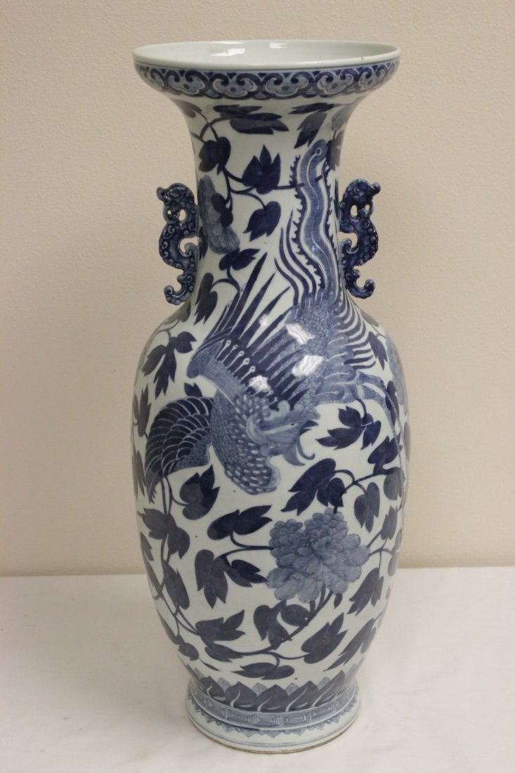 Chinese antique blue and white porcelain vase: Chinese antique blue and white porcelain vase painted with phoenix and flowers, 25.9"Hx9.15"dia