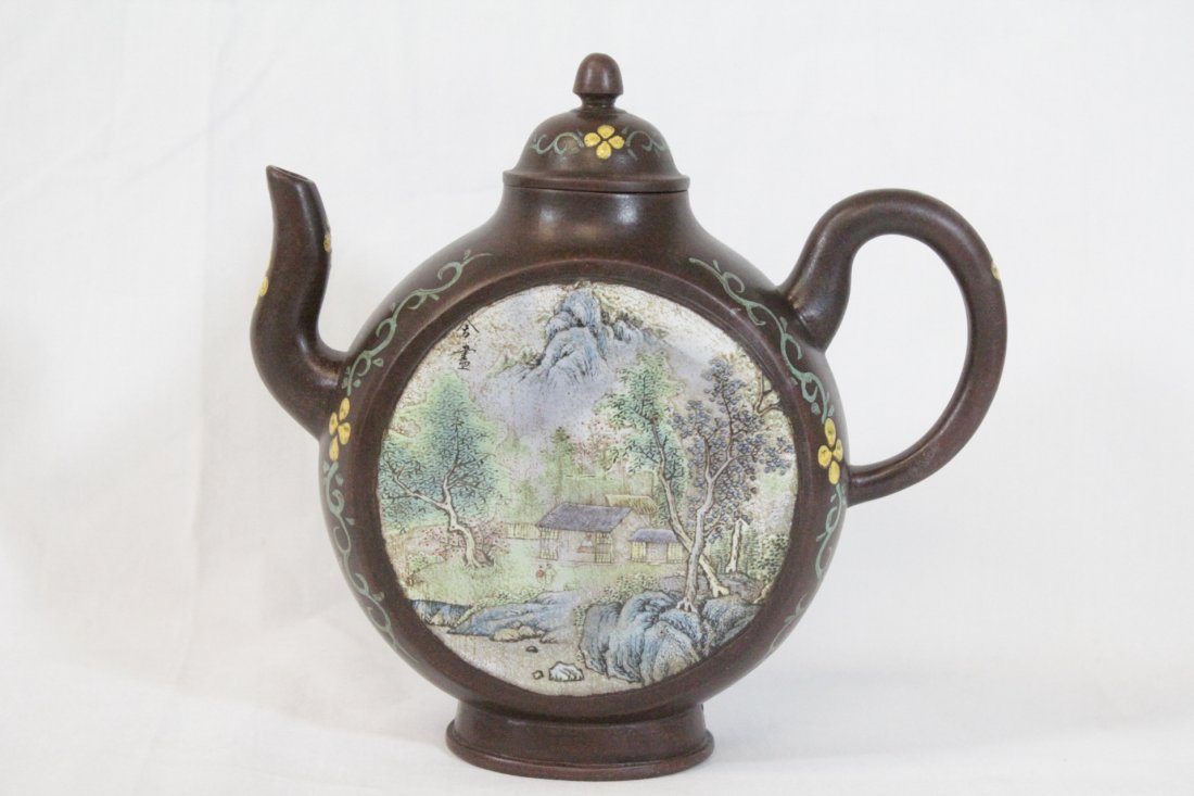 Chinese Yixing teapot with painted panels (1 of 10)