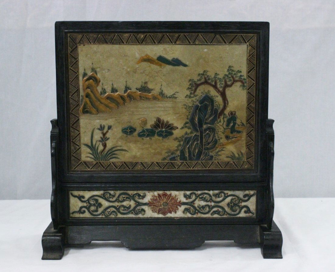 Chinese painted stone panel on rosewood stand (1 of 8)