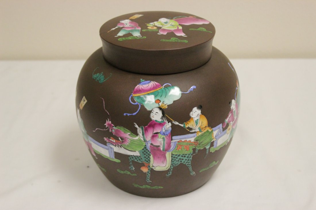 Yixing clay covered jar: Yixing clay covered jar painted with bat and flowers, 8.25"Hx8.25"dia