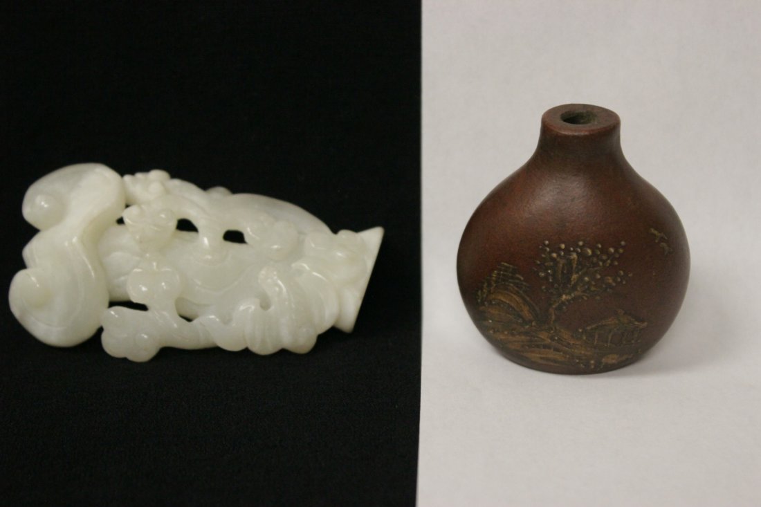 A white jade ornament, and a Yixing snuff bottle (1 of 10)