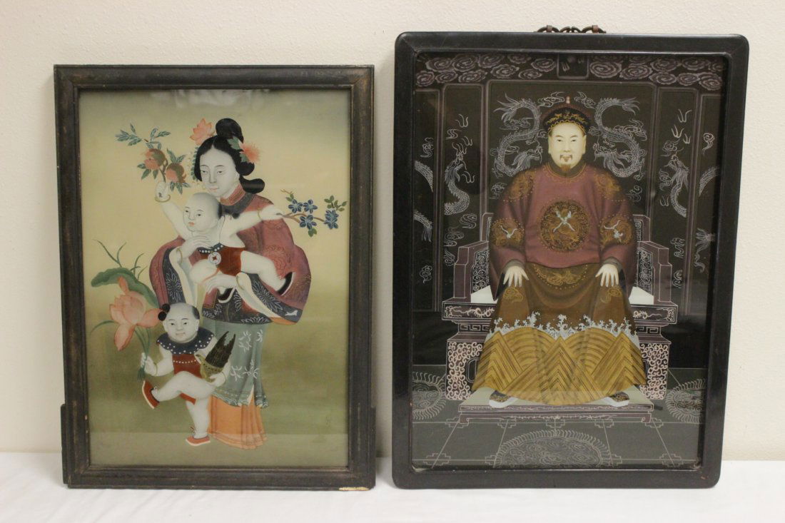 2 Chinese rosewood framed reverse painted panels (1 of 10)