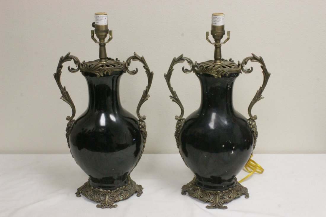 Pr porcelain vases w/ bronze ormolu made as lamp: Pair black porcelain vases (14"H each) with bronze ormolu made as lamp (one repair, 21.2"H)