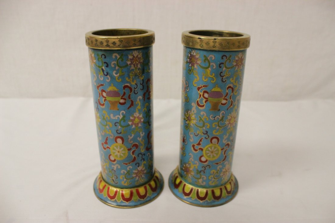 Pair bronze based Chinese cloisonne incense holder: Pair bronze based Chinese cloisonne incense holder, 7.8"Hx3.75"dia