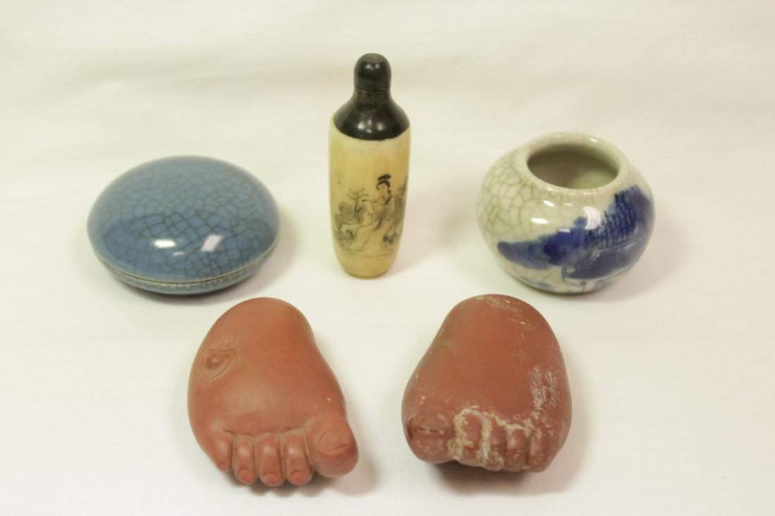 Lot of misc. items: Bone carved snuff bottle (2.85"H), blue and white water dripper (1.6"Hx2.1"dia), ink box (1.2"Hx2.3"dia) and 2 Yixing ornaments (2.8"L each)