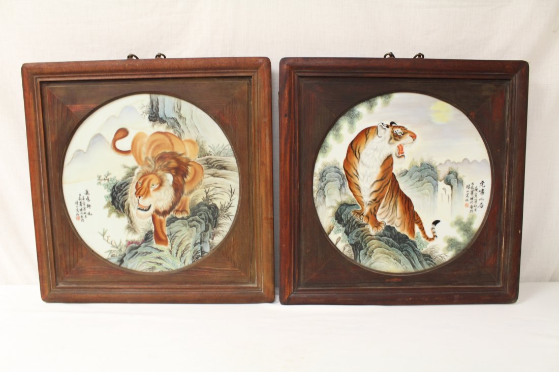 Pair Chinese framed porcelain plaques (1 of 10)