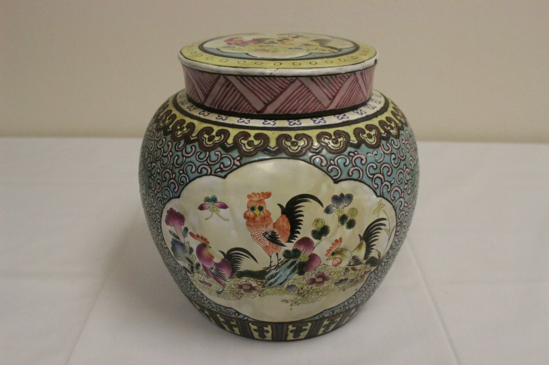 Chinese enamel on Yixing clay covered jar: Chinese enamel on Yixing clay covered jar, 8.25"Hx8.35"dia