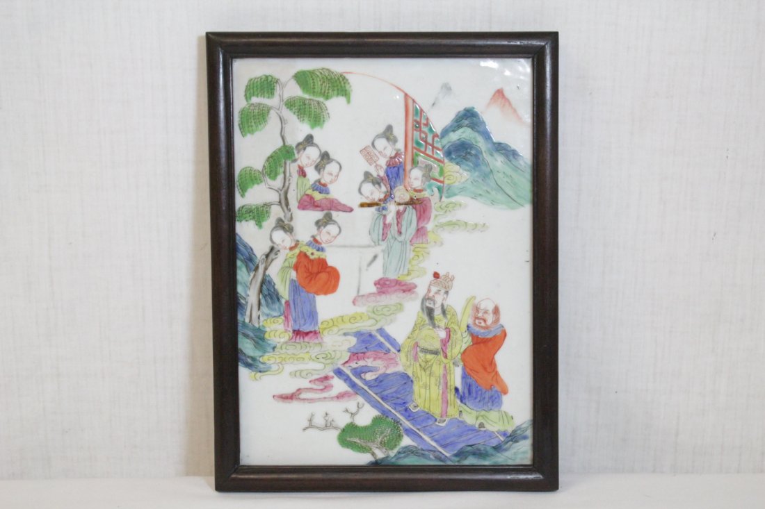 Chinese antique famille rose porcelain plaque: Chinese antique famille rose porcelain plaque (9.2"x6.65") depicting fairy tale scene