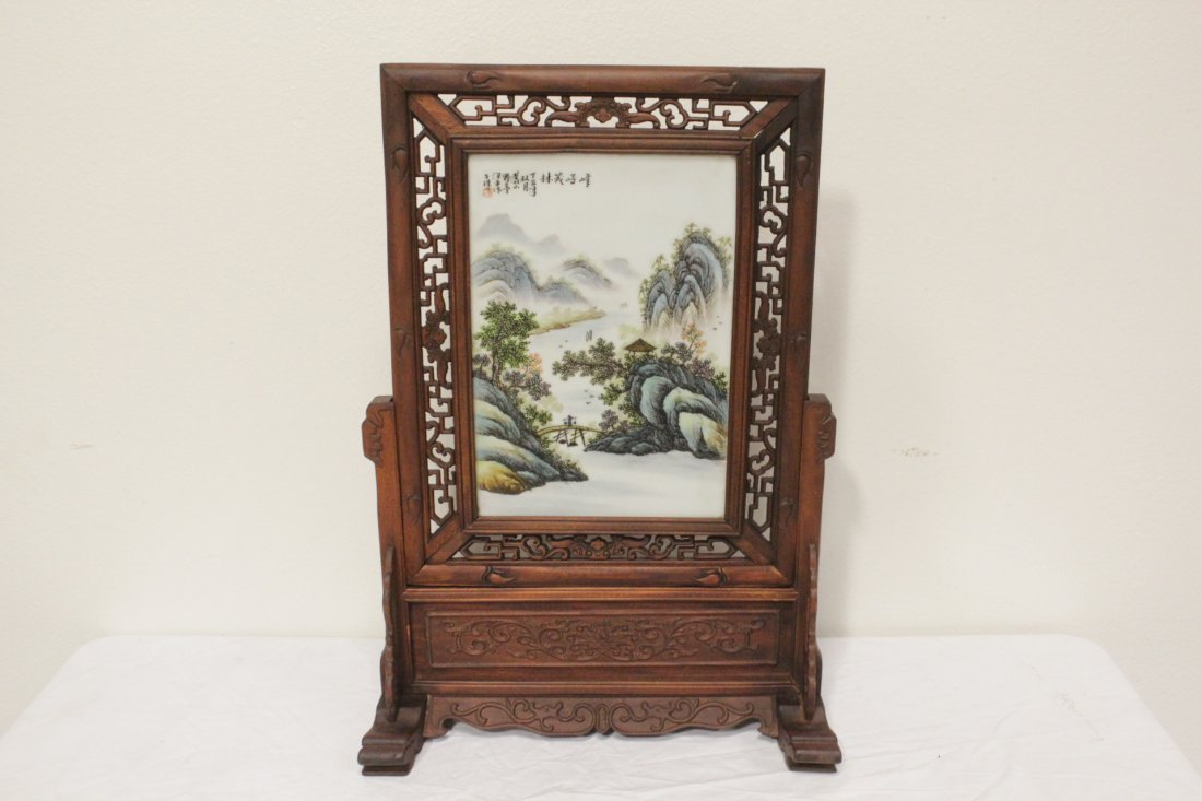 Chinese framed famille rose plaque on stand (1 of 10)