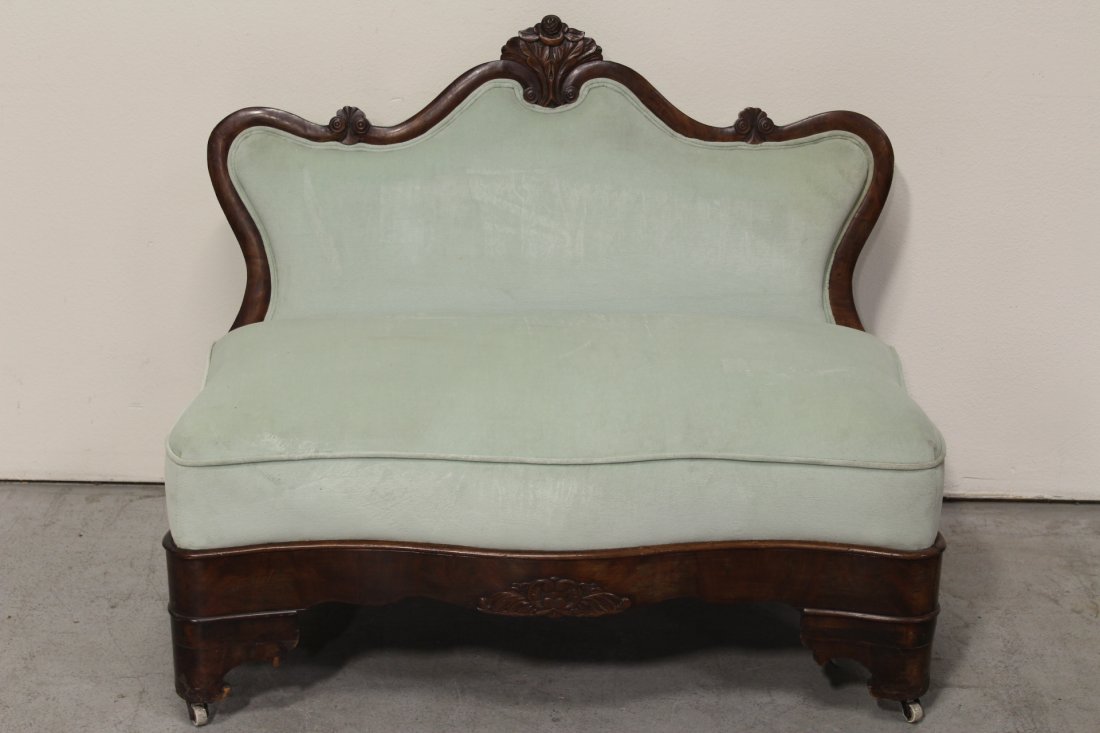 Period mahogany empire loveseat: Period mahogany empire loveseat, 34.5"Hx42.45"x26.5"