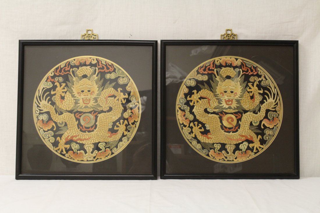 Pair framed embroidery panels in dragon motif (1 of 10)