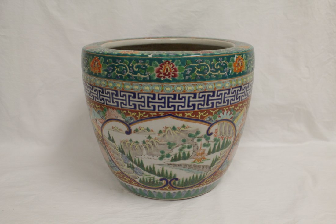 Chinese antique famille rose porcelain planter: Chinese antique famille rose porcelain planter, panel painted with landscape, 10.5"Hx12.3"dia