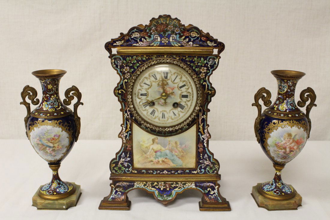 Important 3pc French antique enamel clock set (1 of 10)