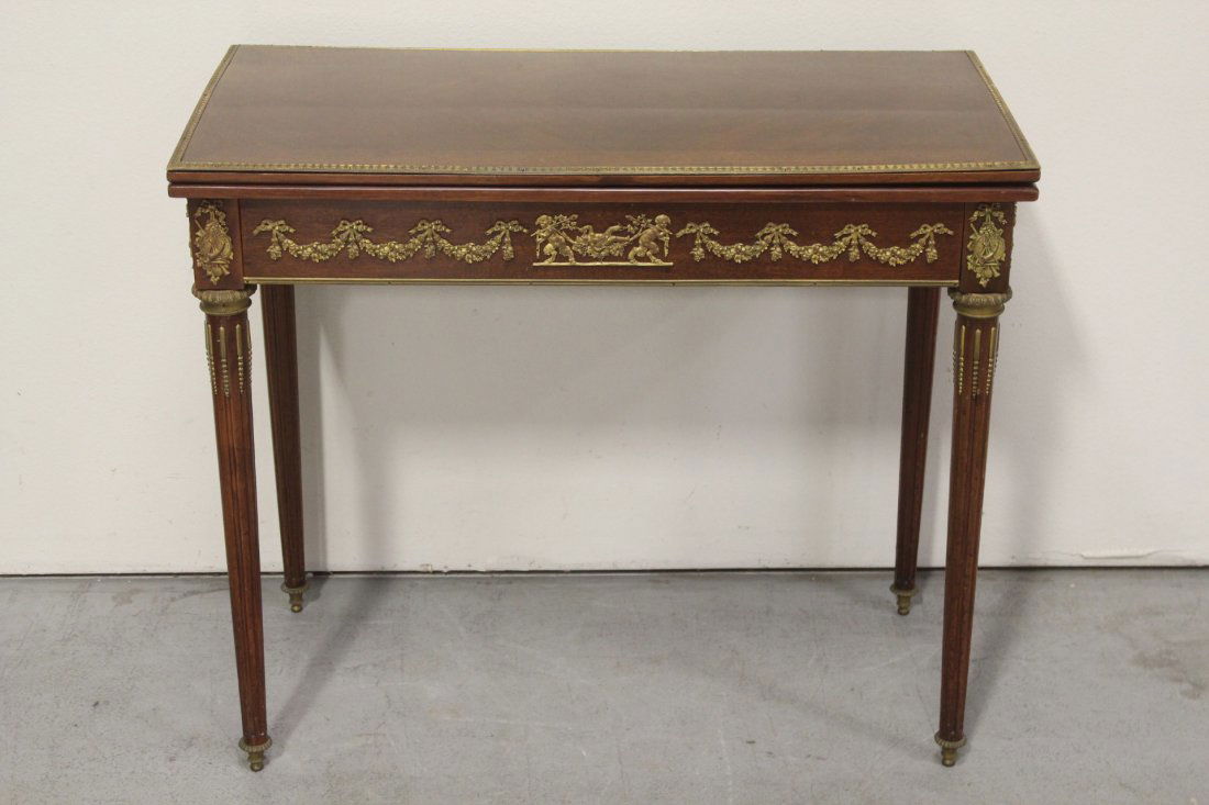 19th c. French mixed wood game table w/ bronze ormolu (1 of 10)