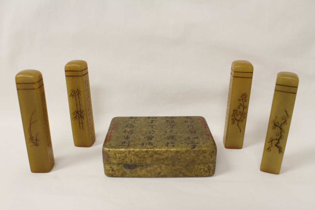 4 shoushan stone seals, and a bronze/brass ink box (1 of 9)