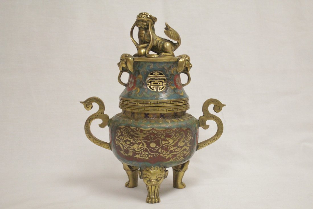 Chinese enamel on brass censer with qilin motif finial (1 of 10)