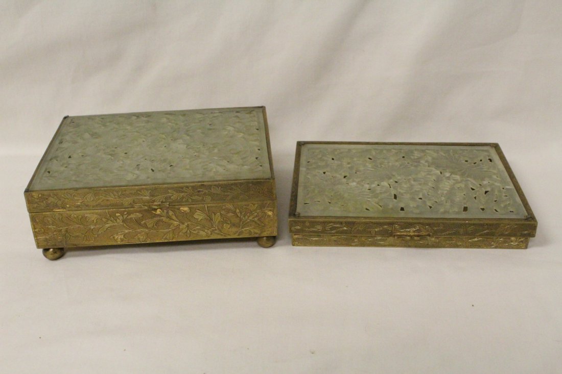 2 Chinese antique brass boxes w/ serpentine plaque (1 of 10)