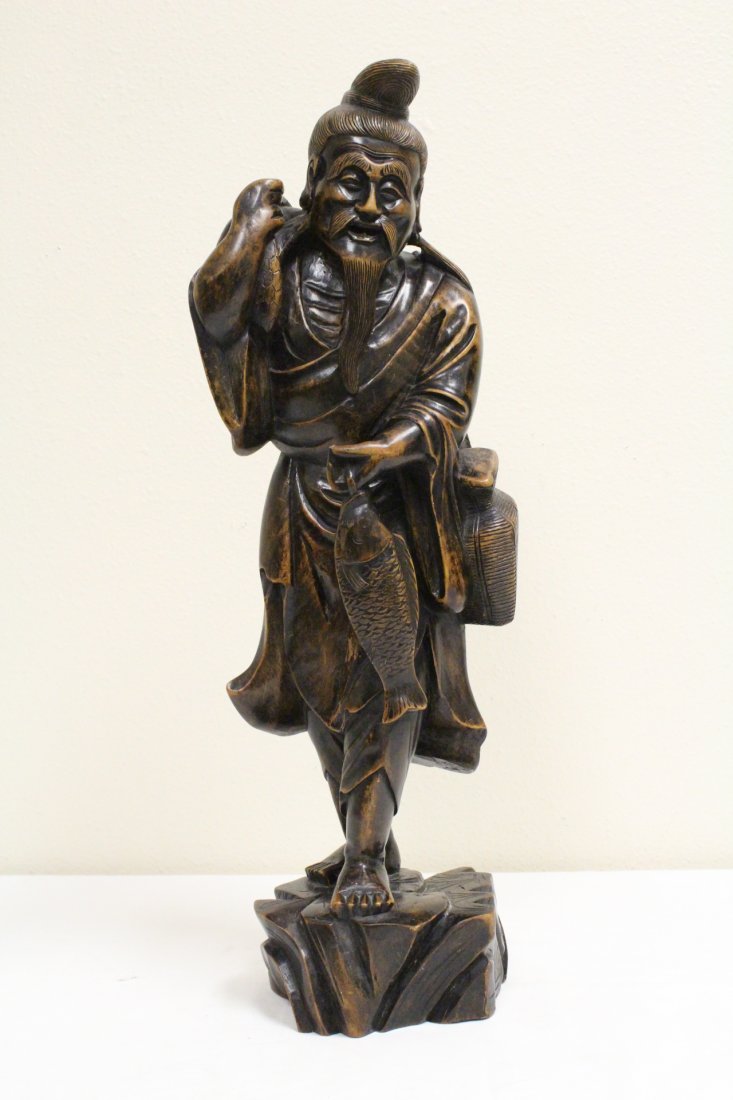 Chinese antique wood carved fisherman: Chinese antique wood carved fisherman, 20"H