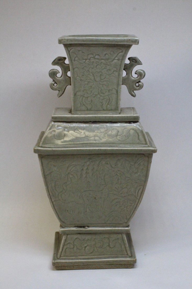 Chinese antique light celadon rectangular vase (1 of 10)