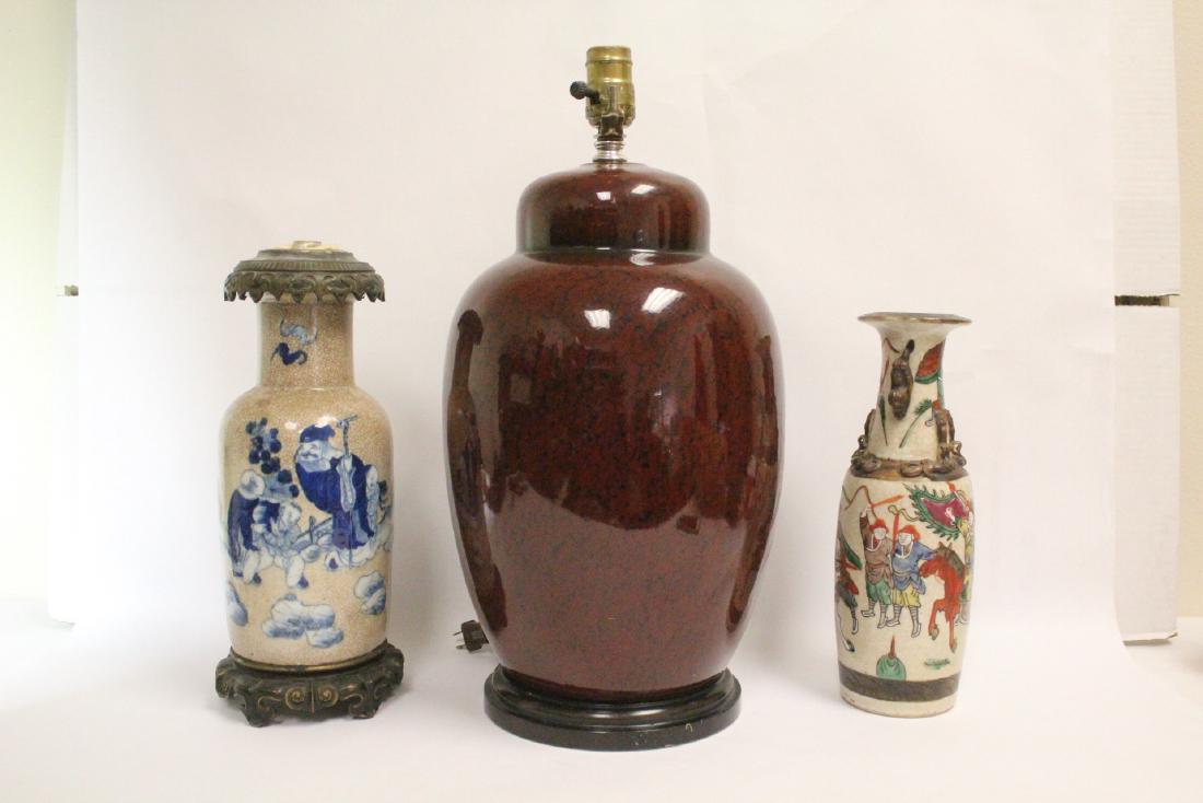 Chinese vase, & 2 Chinese vases made as lamps: Chinese crackle ware porcelain vase (11.4 "Hx3.8"dia) painted with war scene, and 2 Chinese porcelain vases (14.5"Hx8.7"dia, 10.5"Hx4.75"dia) made as lamps (one top damage)
